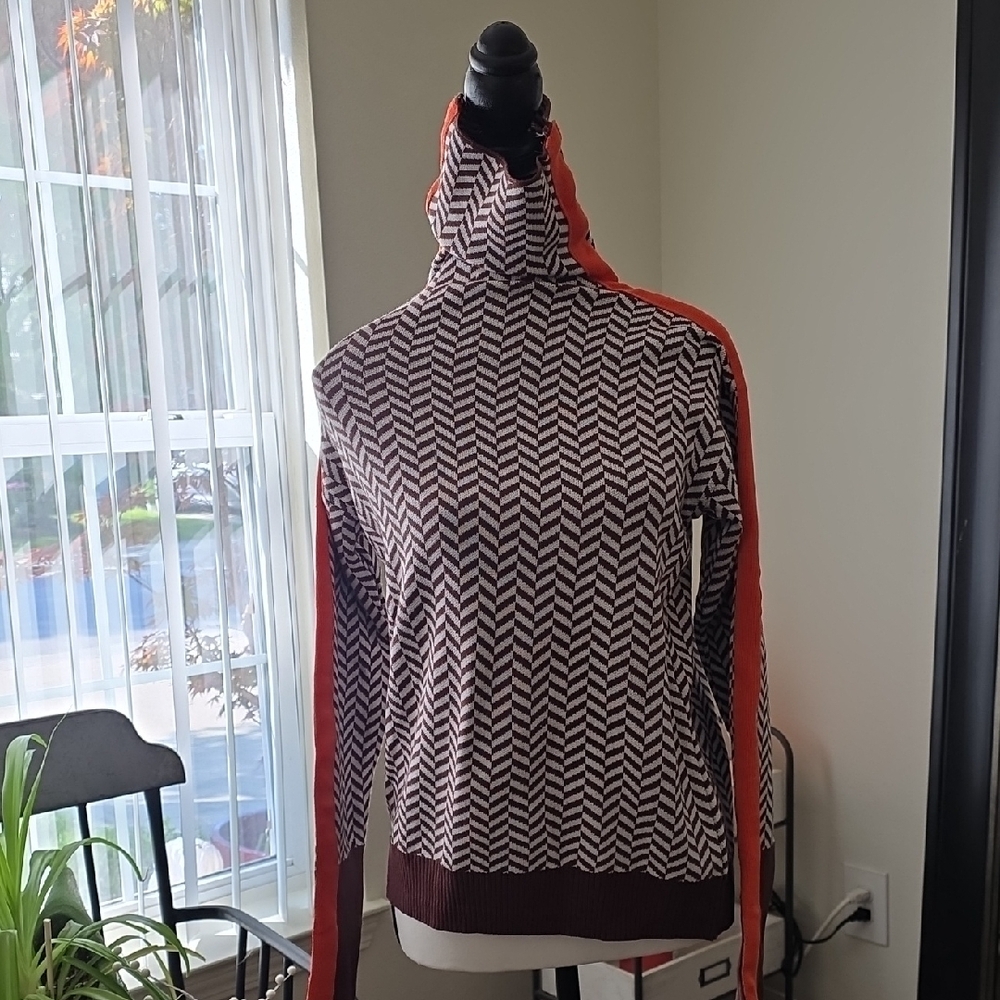 Orange and Brown Cowl Neck Sweater with Chevron Pattern